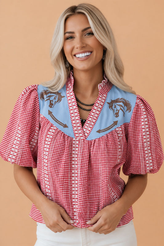 Western Pony Embroidered Gingham Puff Sleeve Blouse