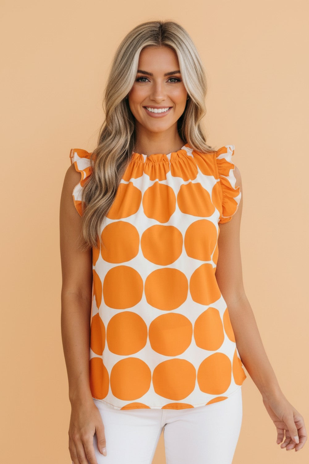 Polka Dot Frilled Round Neck Tank Top