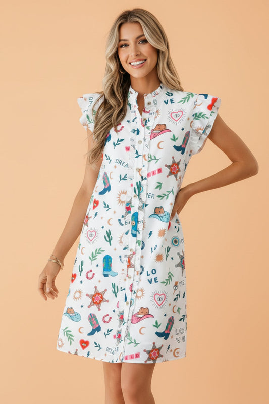 Western Flutter Sleeve Button-Down Mini Dress