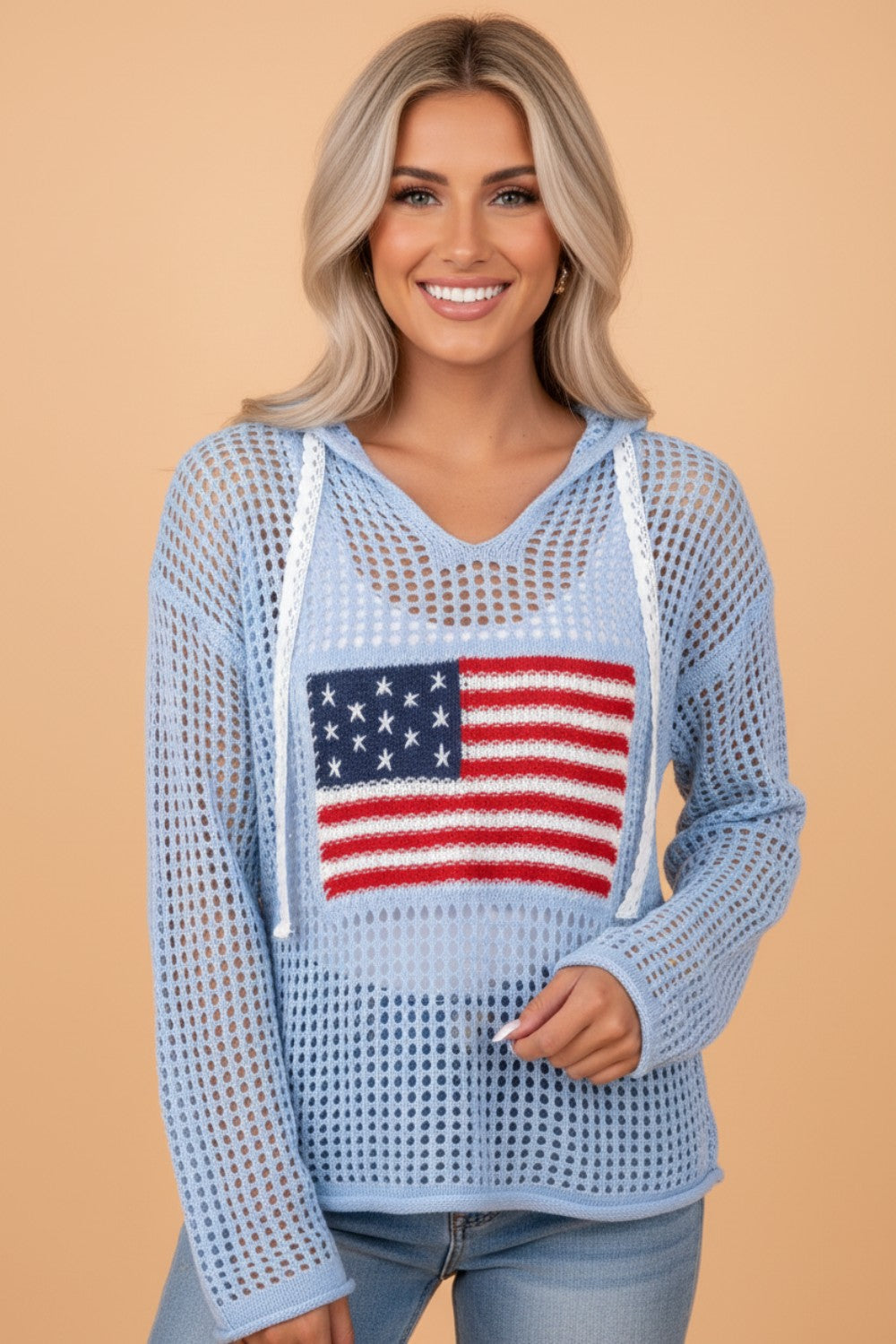 American Flag Patched Crochet Knit Hoodie