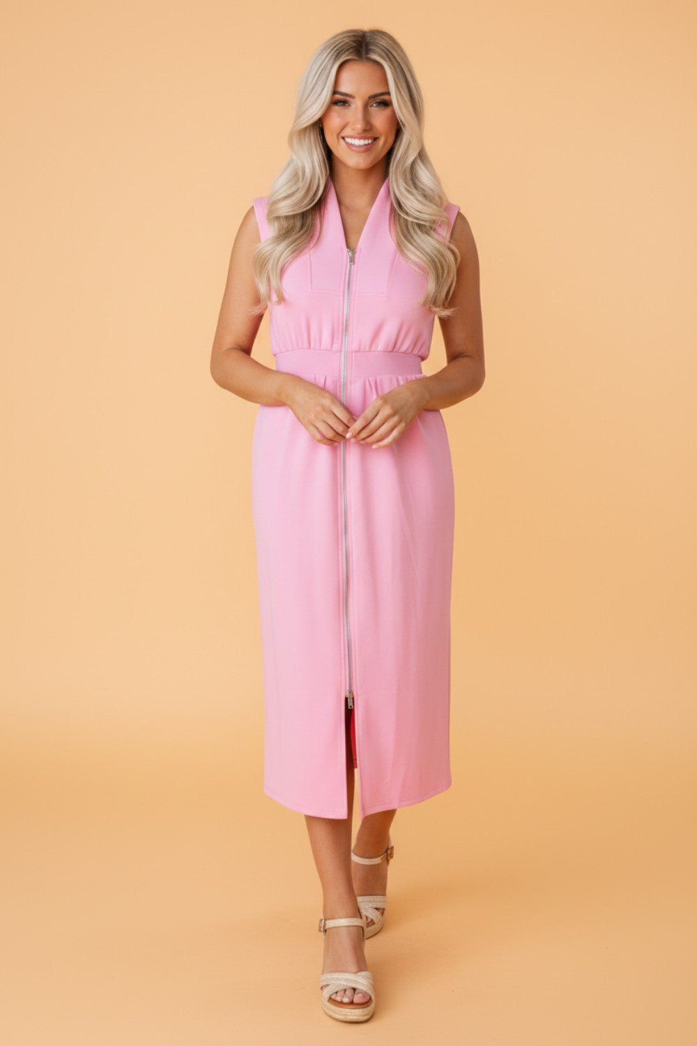 Solid Zip Up V-Neck Sleeveles Midi Dress