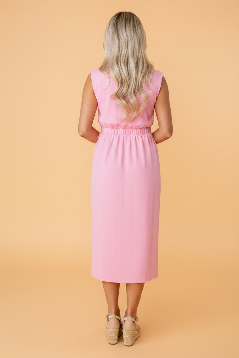 Solid Zip Up V-Neck Sleeveles Midi Dress
