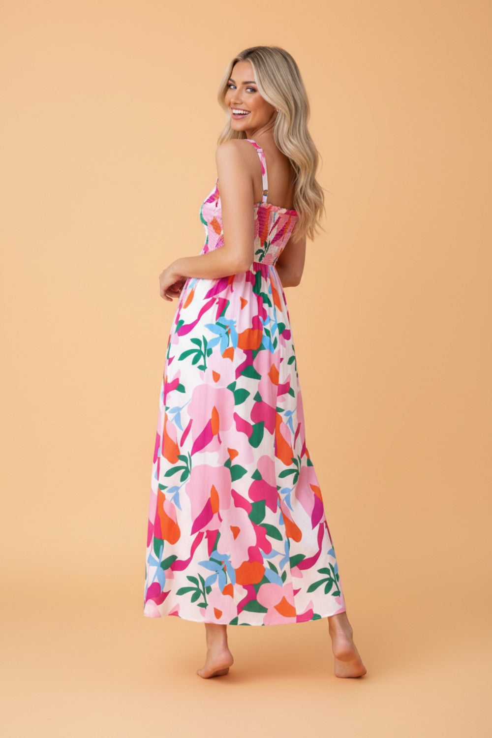 Abstract Floral Smocked High Waist Maxi Sundress