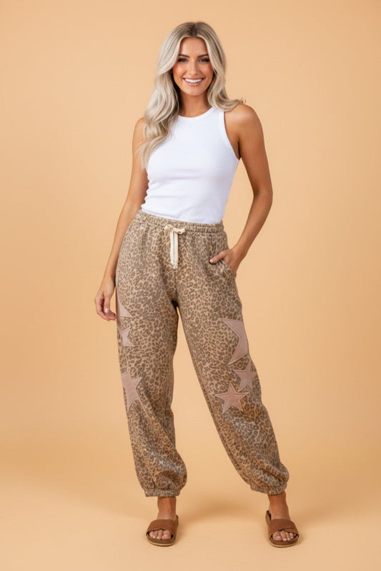 Leopard Star Patch Drawstring Jogger Pants