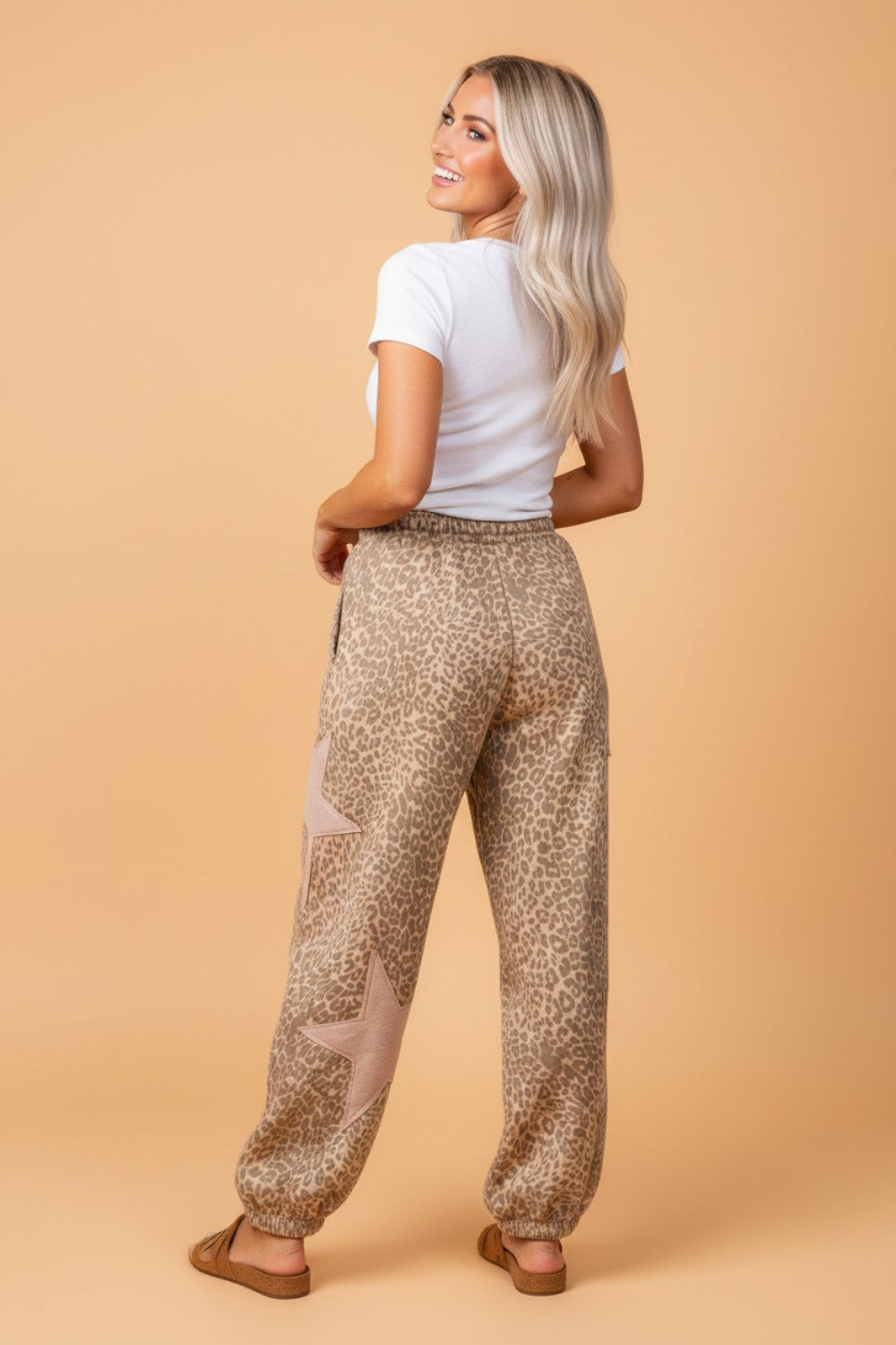 Leopard Star Patch Drawstring Jogger Pants