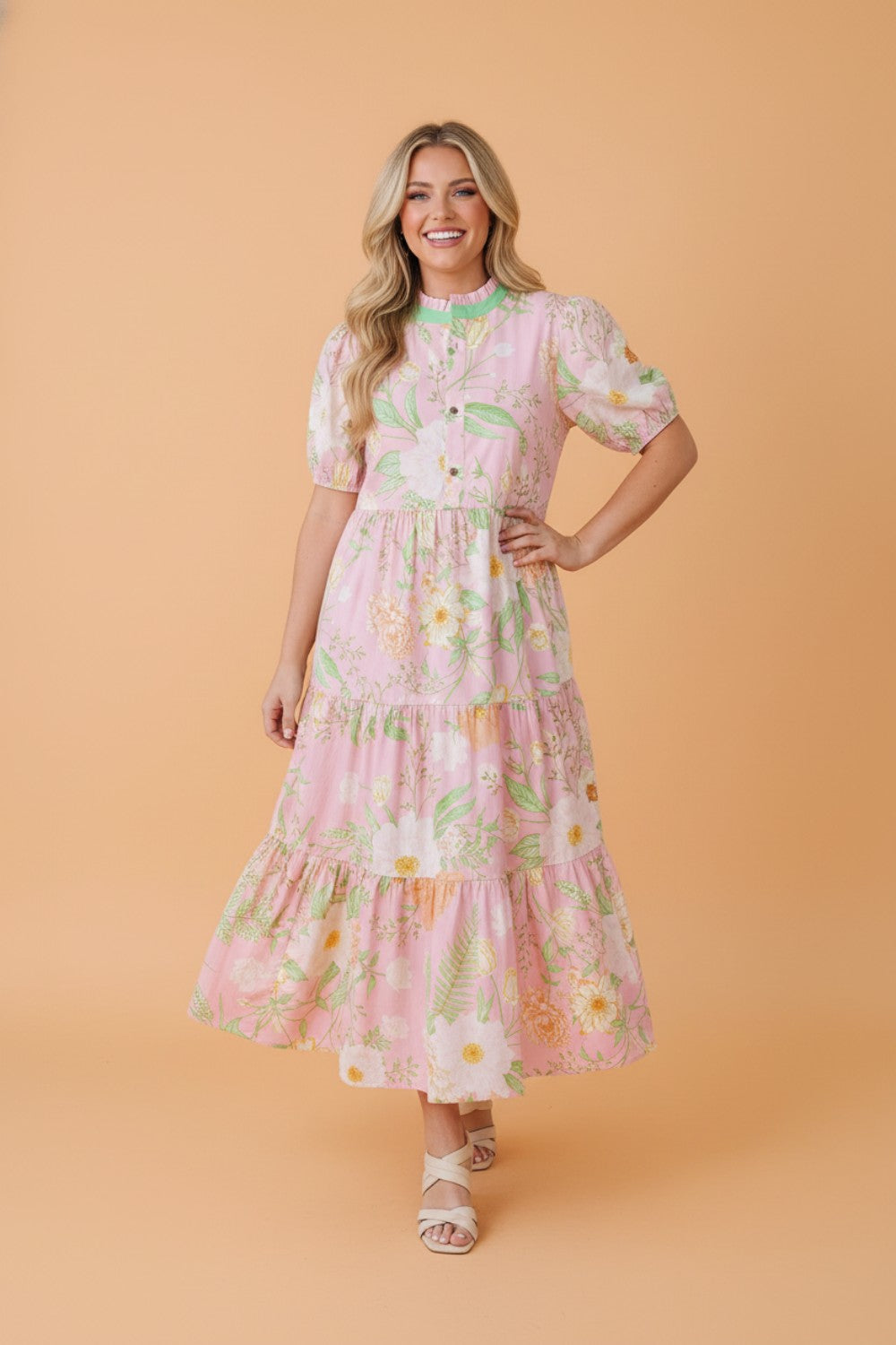 Floral Puff Sleeve Ruffle Tiered Maxi Dress