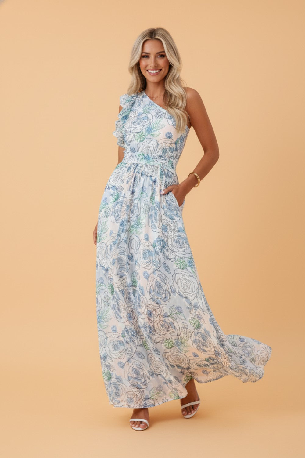 Floral Ruffle One Shoulder Maxi Dress