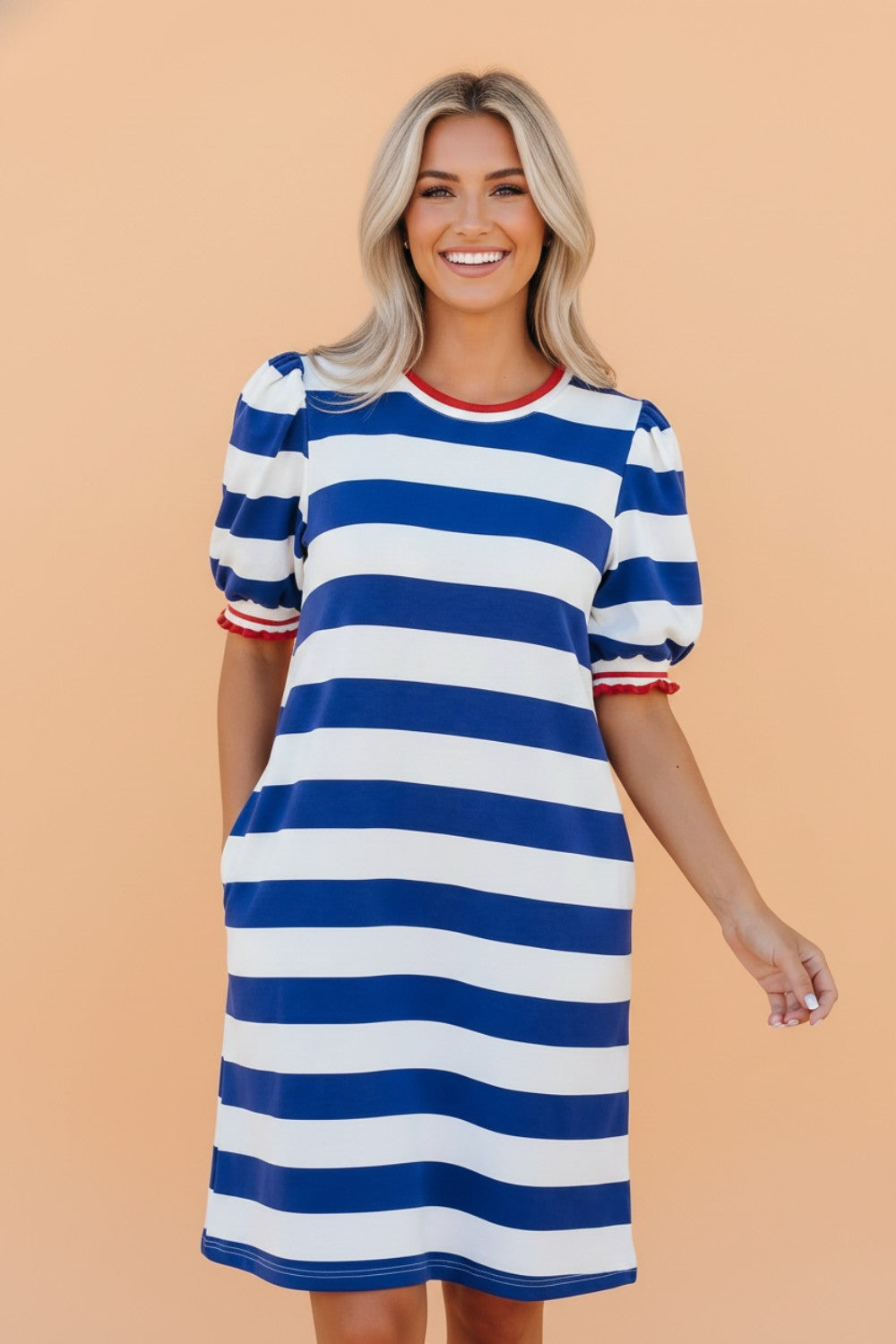 Stripe Contrast Trim Puff Sleeve Mini Dress