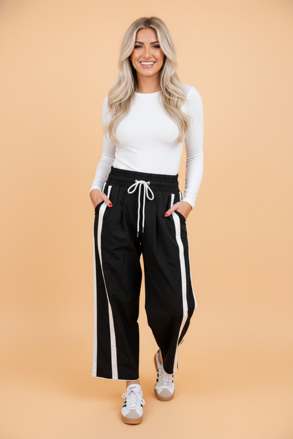 Stripe Smocked Waist Drawstring Cropped Pants