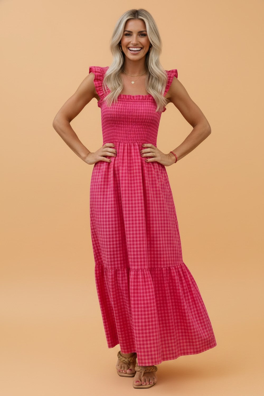 Gingham Plaid Smocked Square Neck Sundress