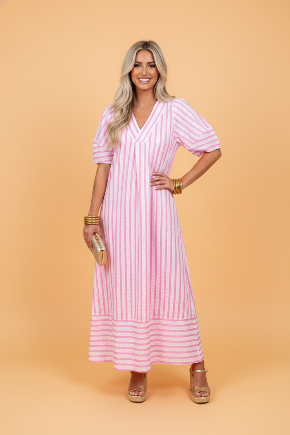 Stripe Short Sleeve V-Neck Maxi Dress