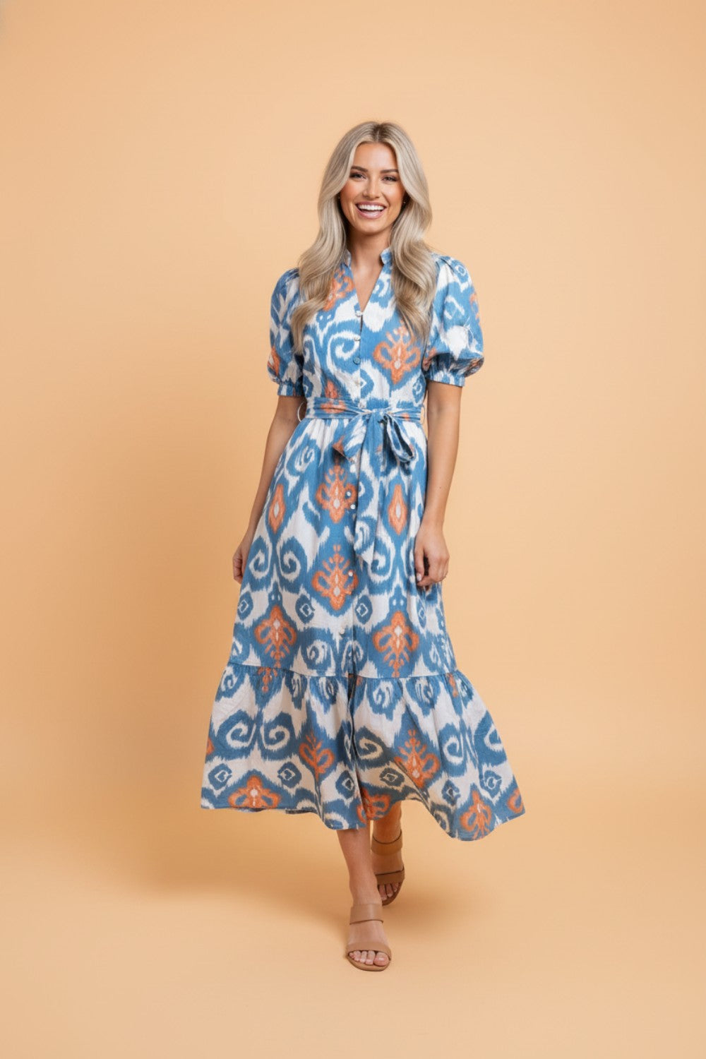 Floral Boho Puff Sleeve Ruffle Hem Midi Dress