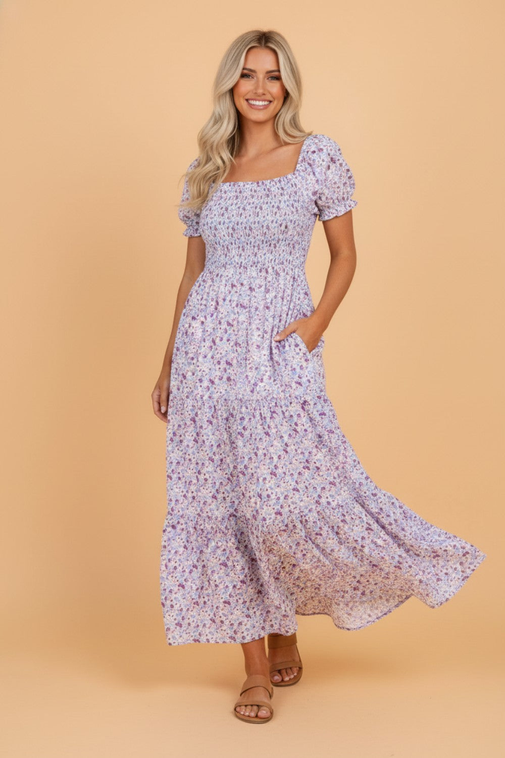 Floral Bubble Sleeve Shirred Waist Maxi Dress
