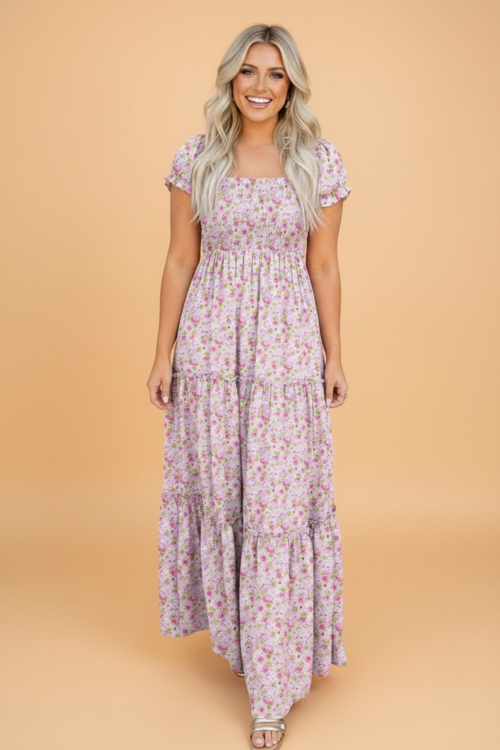 Floral Bubble Sleeve Shirred Waist Maxi Dress