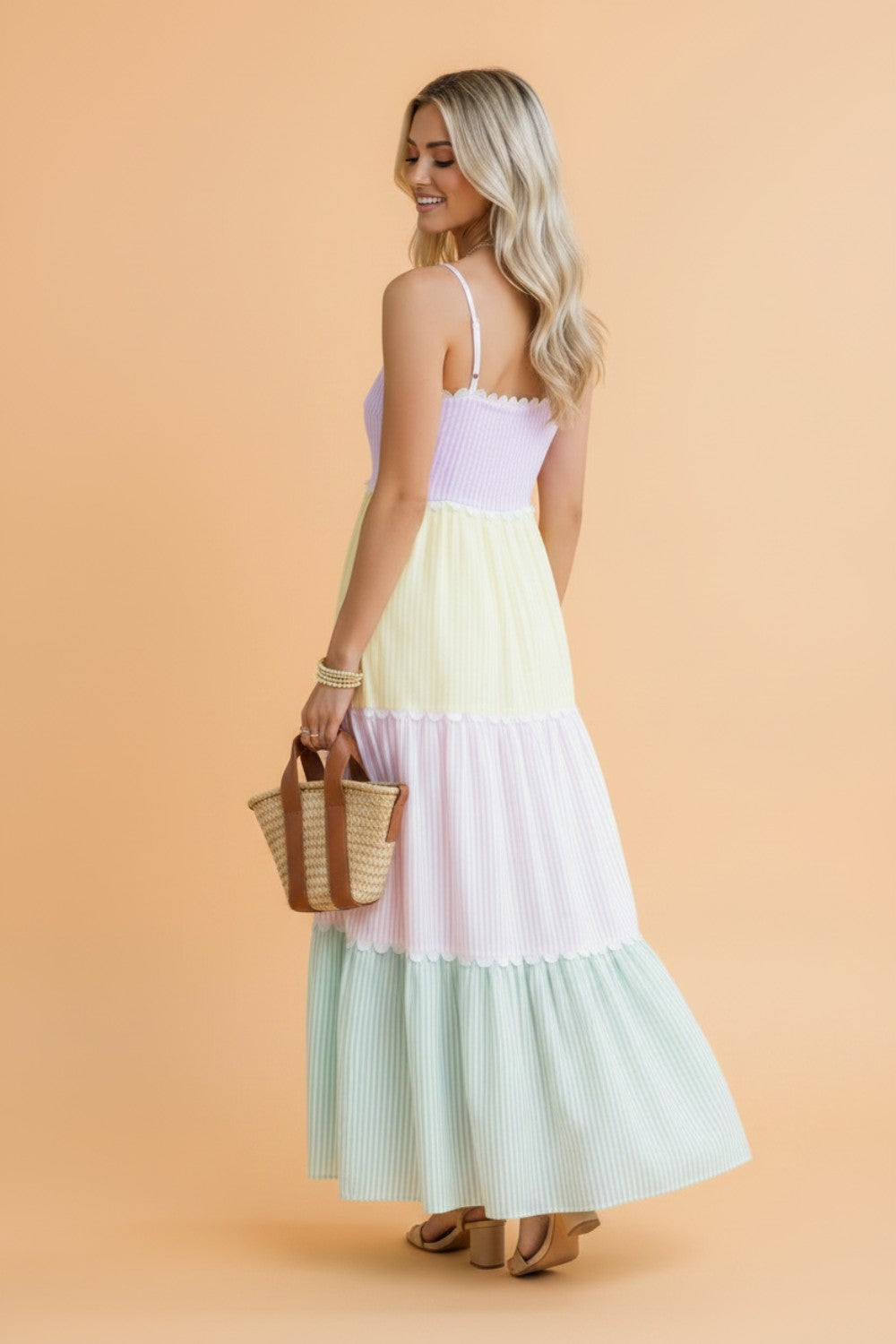 Stripe Colorblock Scallop Ricrac Trim Maxi Dress
