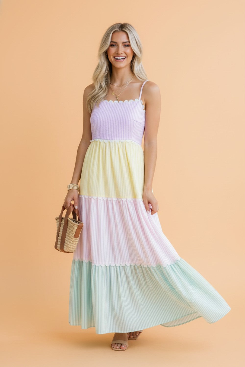 Stripe Colorblock Scallop Ricrac Trim Maxi Dress