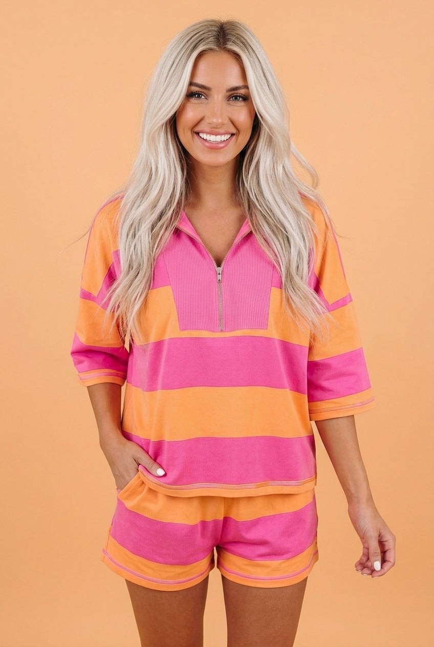 Stripe Half Zip Tee & Elastic Shorts Set