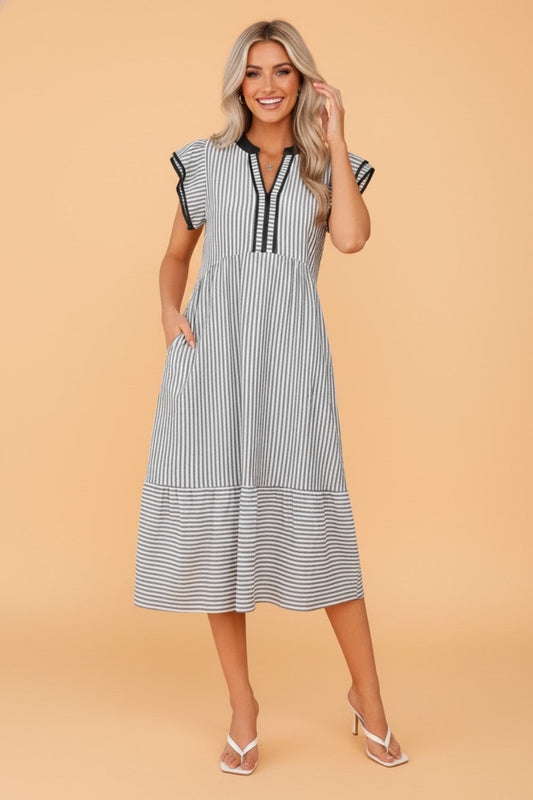Stripe Contrast V-Neck Flutter Sleeve Midi Dress