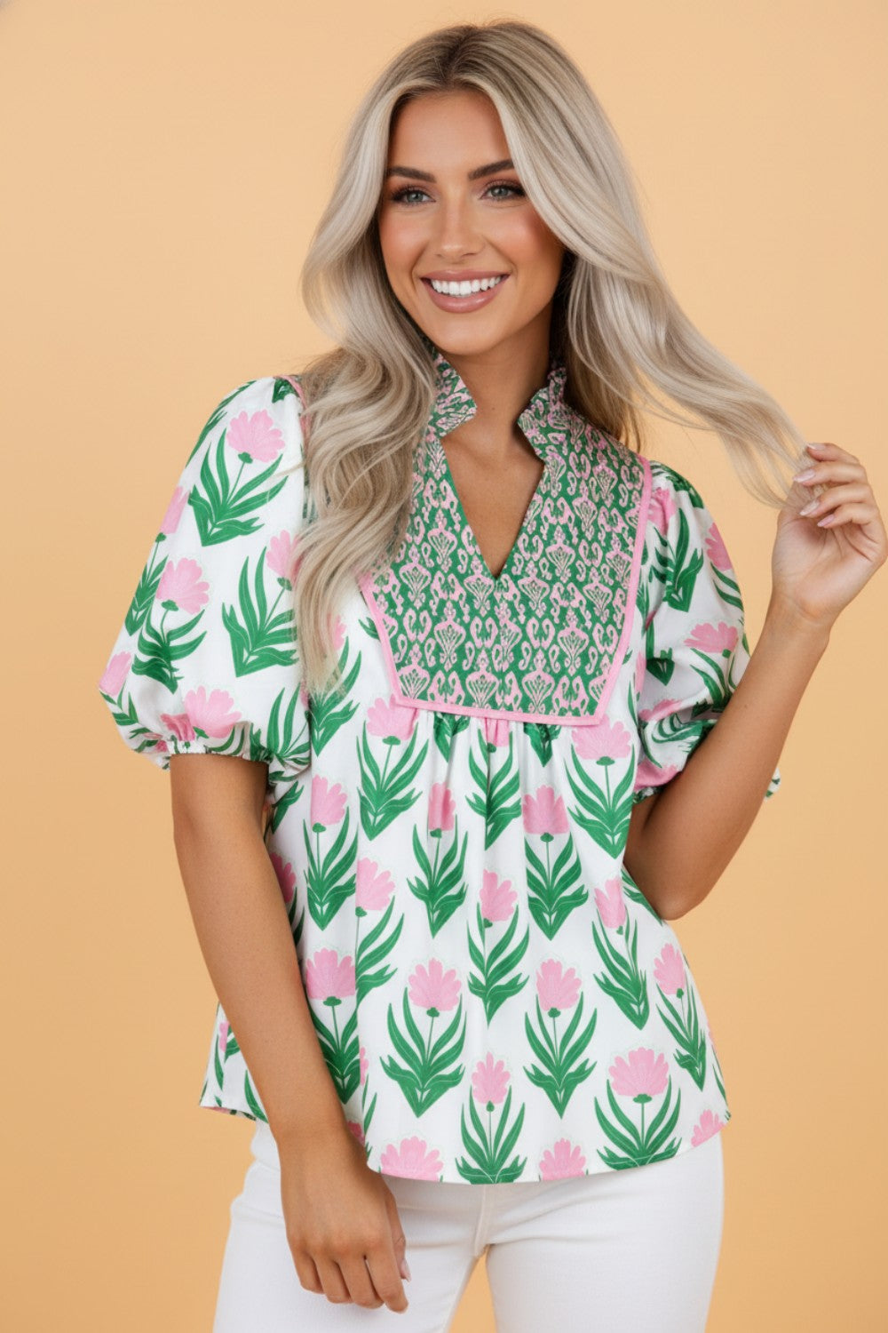 Floral Puff Sleeve Contrast V-Neck Blouse