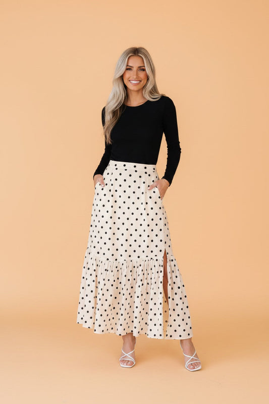 Polka Dot Ruffle Side Slit Maxi Skirt