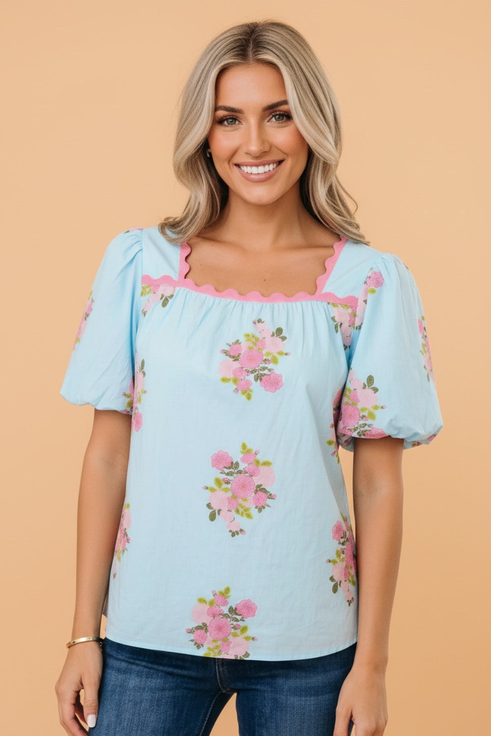 Floral Contrast Ricrac Trim Bubble Sleeve Blouse
