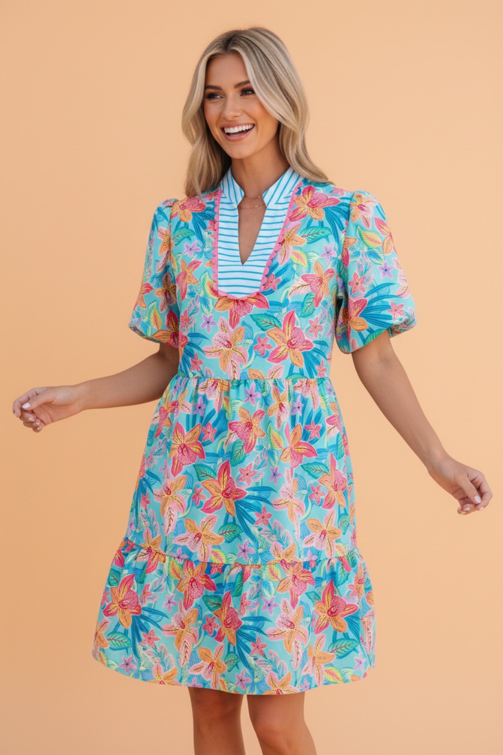 Floral Stripe Scallop Trim V-Neck Tiered Dress