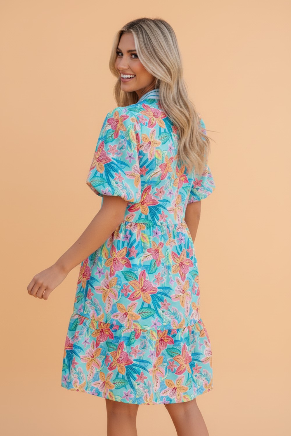 Floral Stripe Scallop Trim V-Neck Tiered Dress