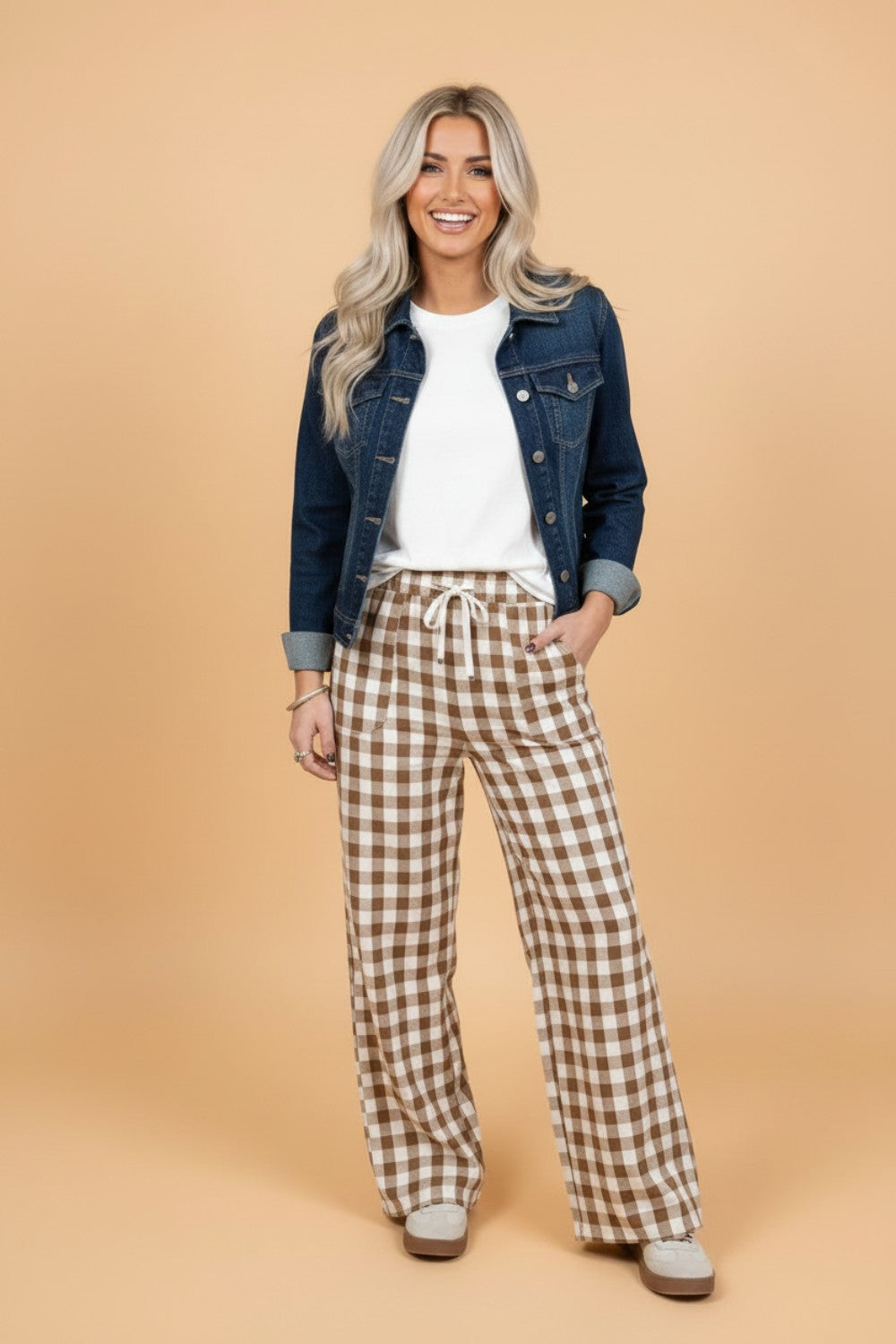Gingham Plaid Tie Waist Elastic Shift Pants