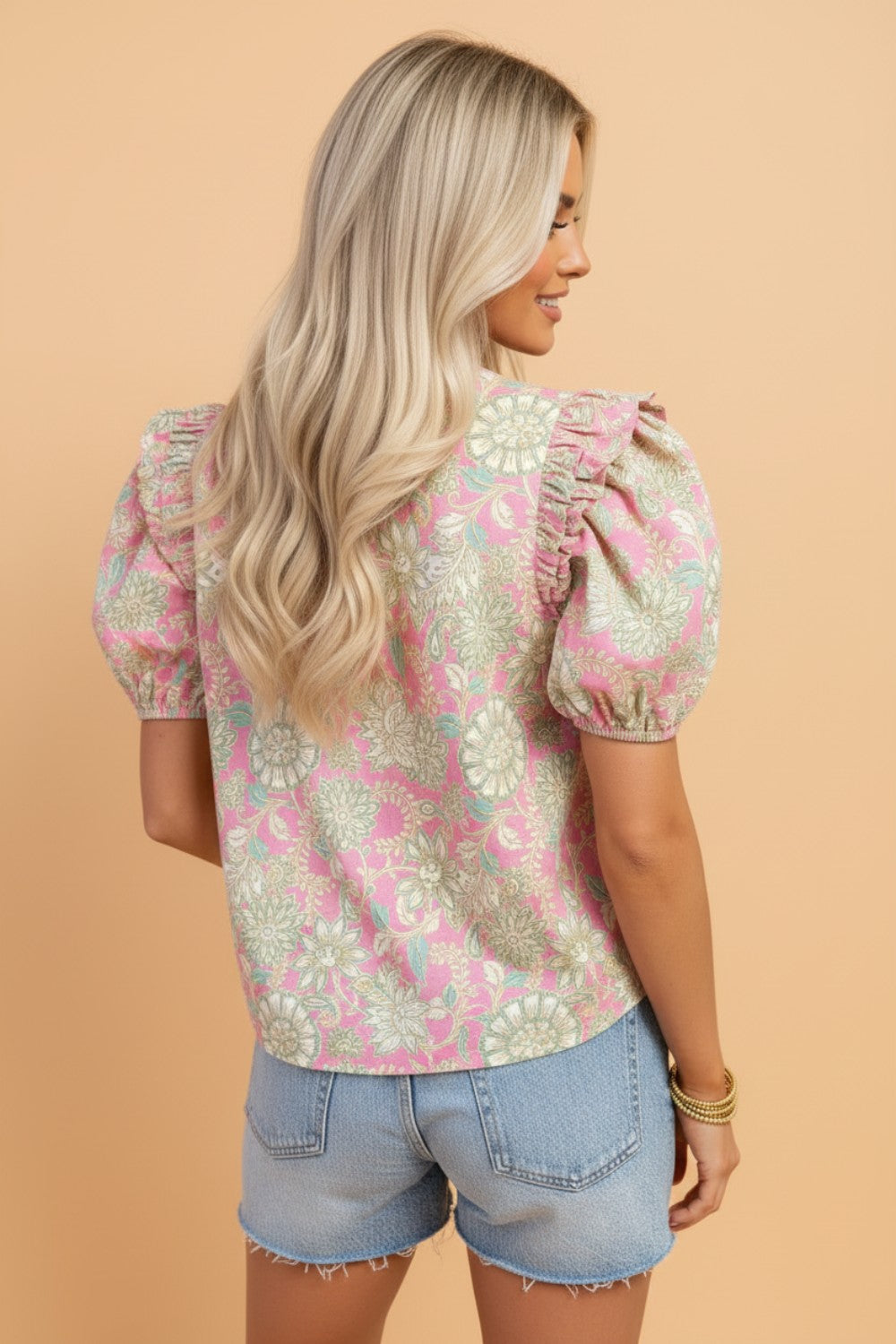 Floral Tie Neck Puff Sleeve Blouse