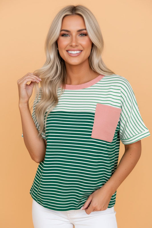 Stripe Colorblock Chest Pocket Short Sleeve Tee