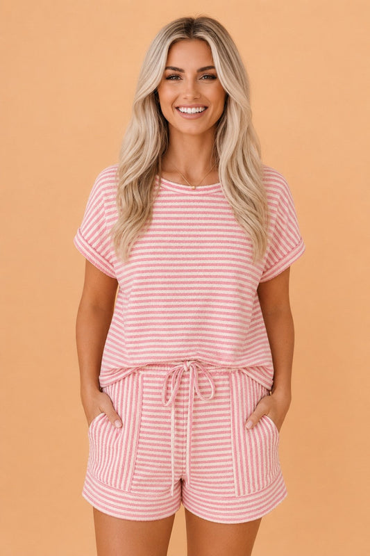 Stripe Textured Knit Top & Short Set