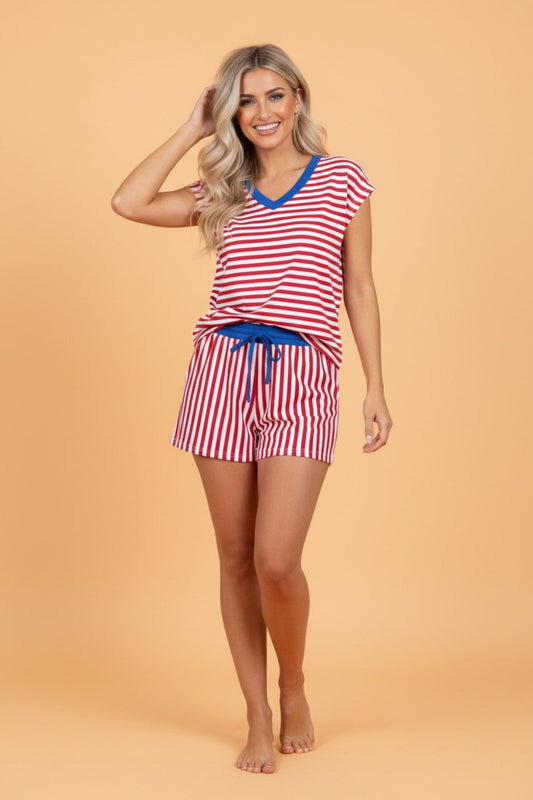 Stripe Colorblock V-Neck Tee & Drawstring Short Set