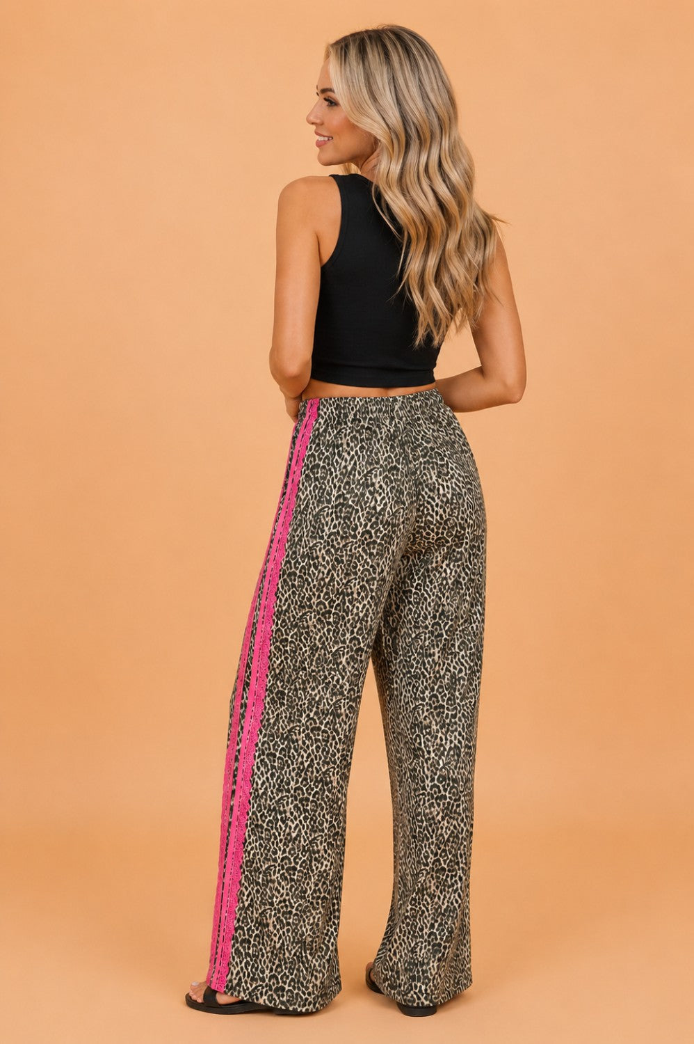 Leopard Contrast Lace Stripe Drawstring Pants