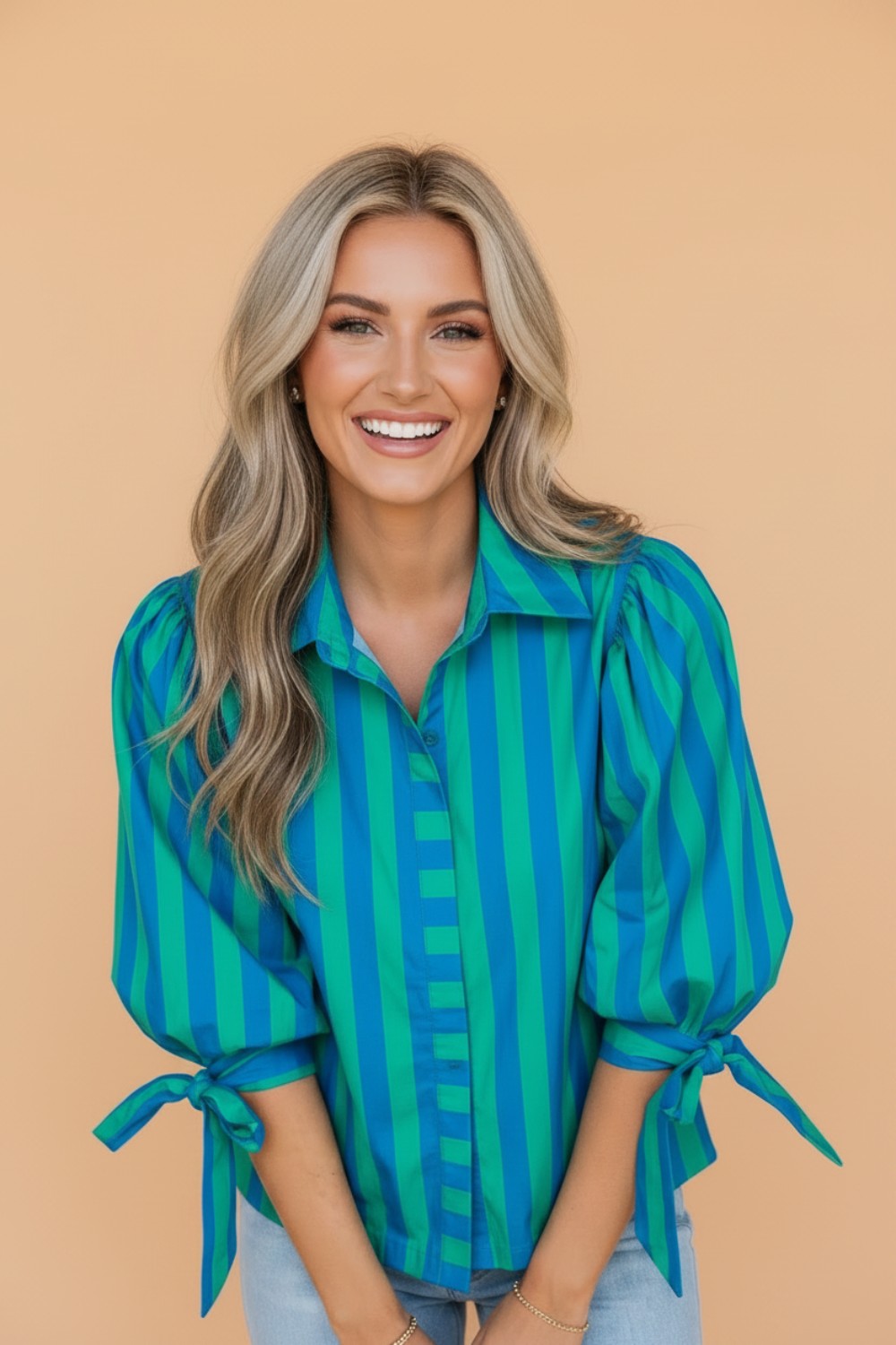 Stripe Tie Puff Sleeve Button Down Shirt