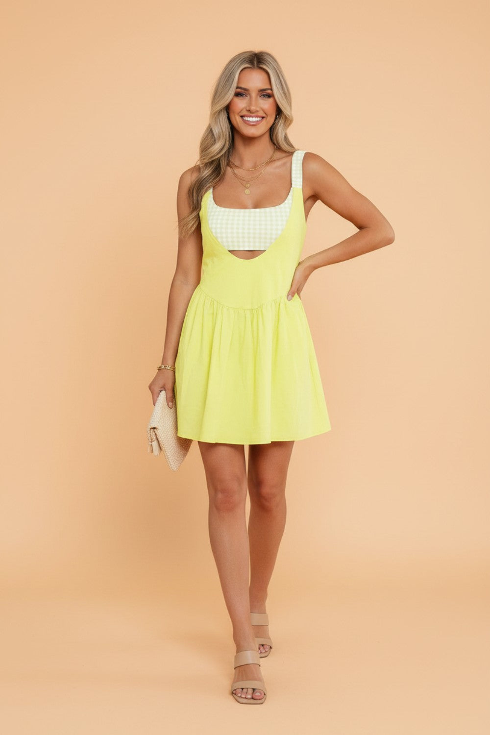 Gingham Patchwork Faux Two Piece Mini Dress