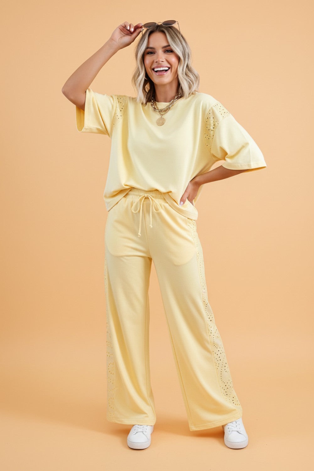 Solid Embroidered Eyelet Patchwork Top & Pants Set