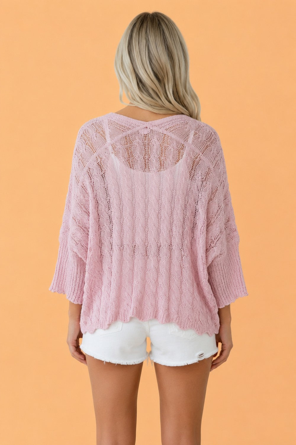 Solid Hollowed Knit Drop Shoulder Open Cardigan