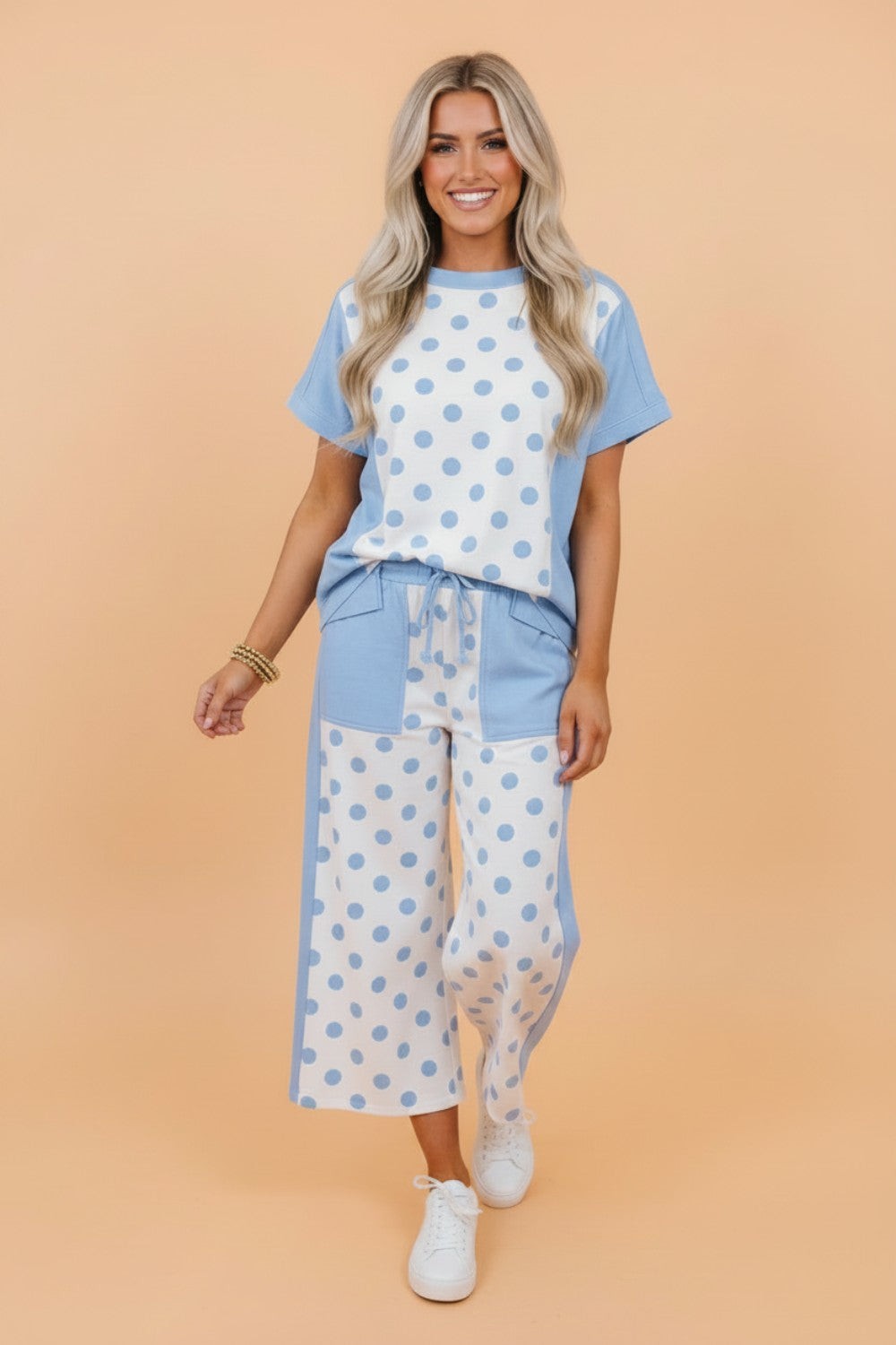 Polka Dot Patchwork Top & Wide Leg Pants Set