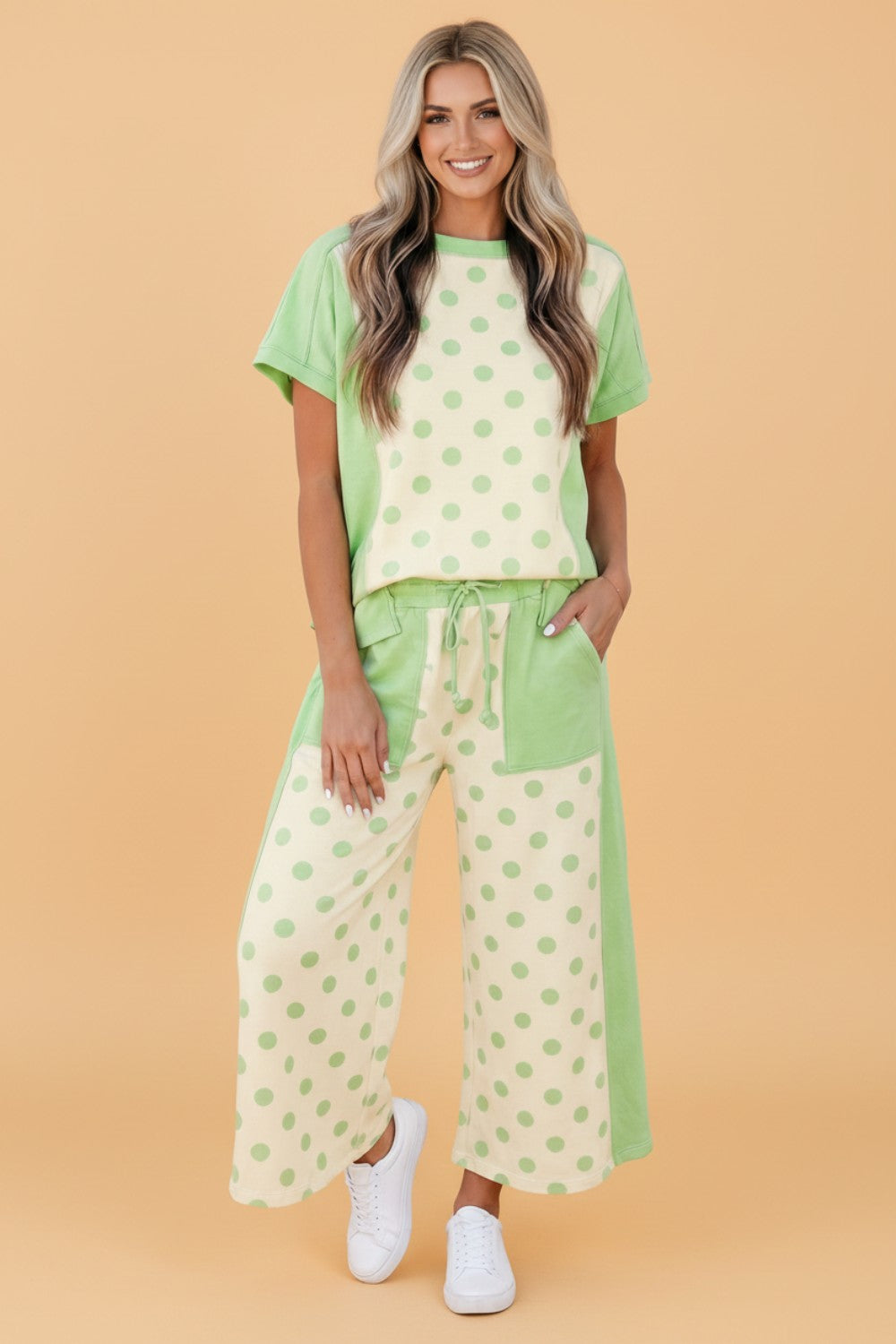 Polka Dot Patchwork Top & Wide Leg Pants Set