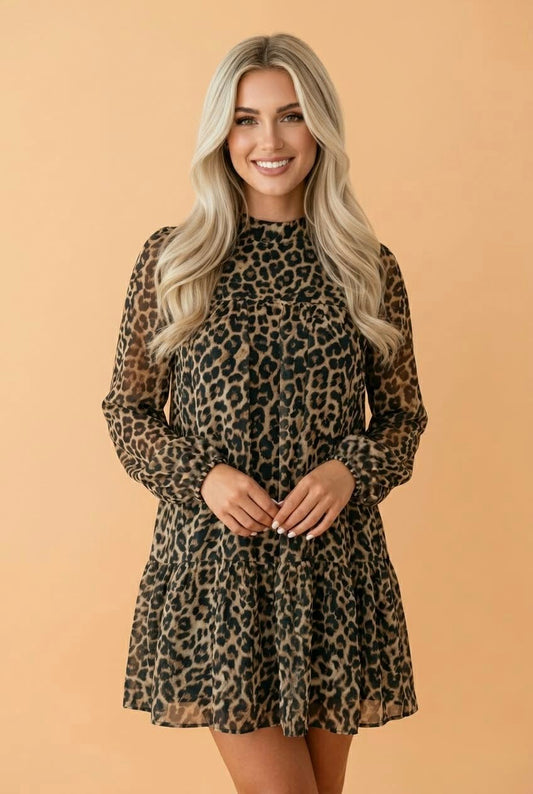 Leopard Long Sleeve Shift Mini Dress