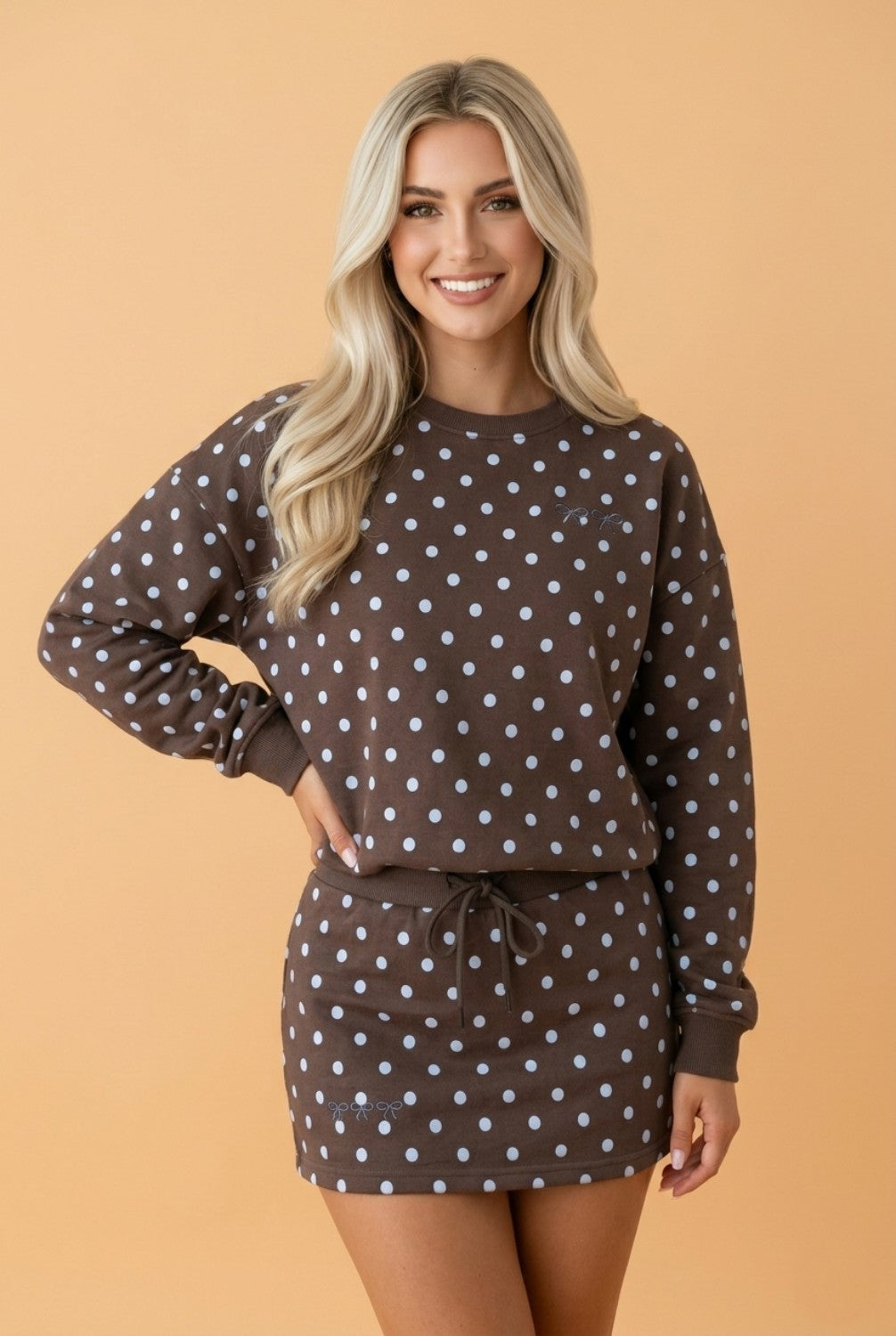 Polka Dot Long Sleeve Pullover & Bow Skort Set