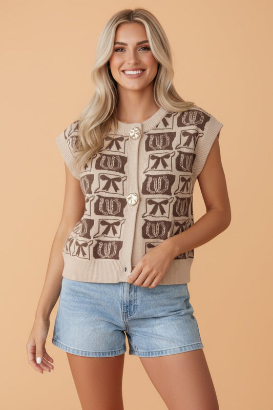 Western Horseshoe Bow Pattern Button Front Sleeveless Knit Top