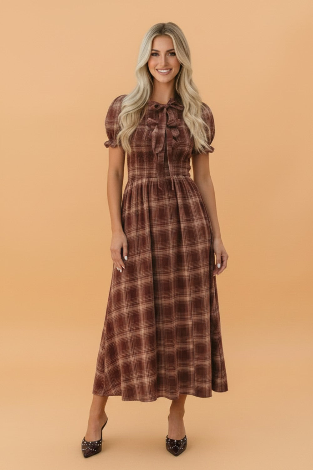 Plaid Vintage Knot Front Smocked High Waist Midi Dress