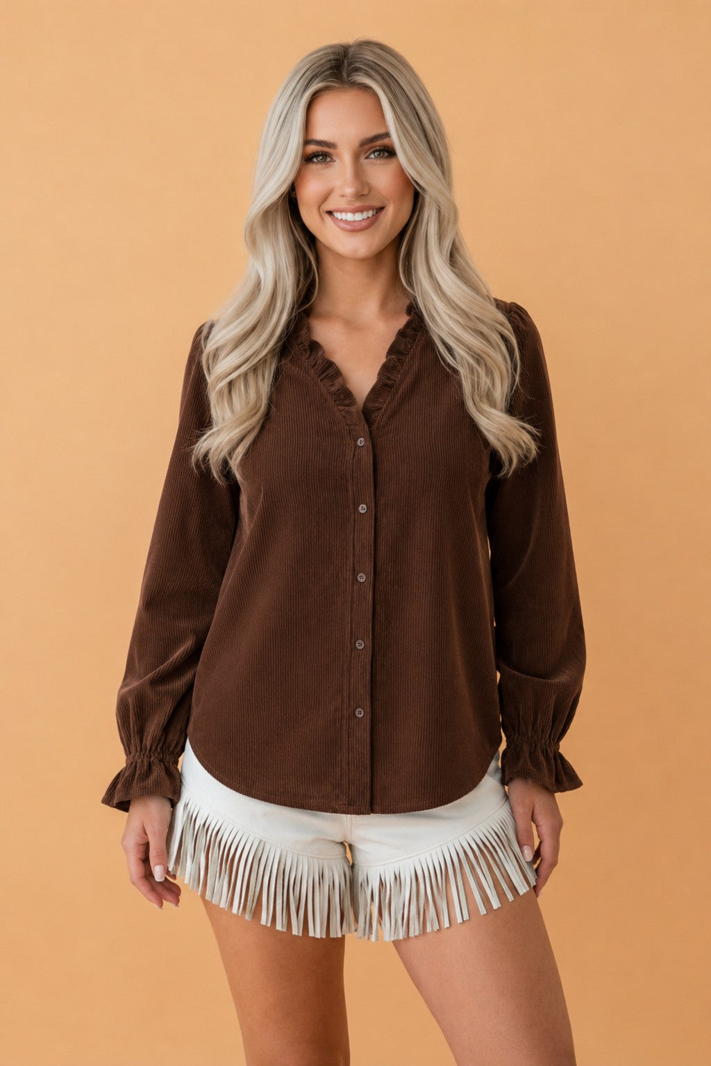 Solid Ruffle Trim V-Neck Long Sleeve Corduroy Shacket