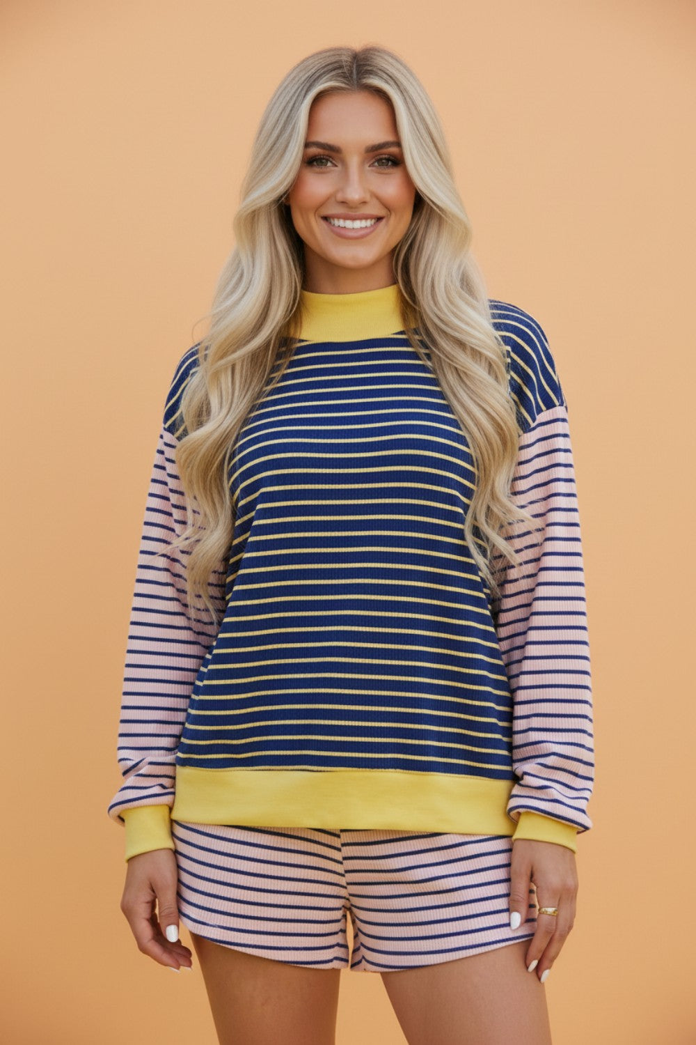 Stripe Long Sleeve Mock Neck Ribbed Knit Top & Shorts Set