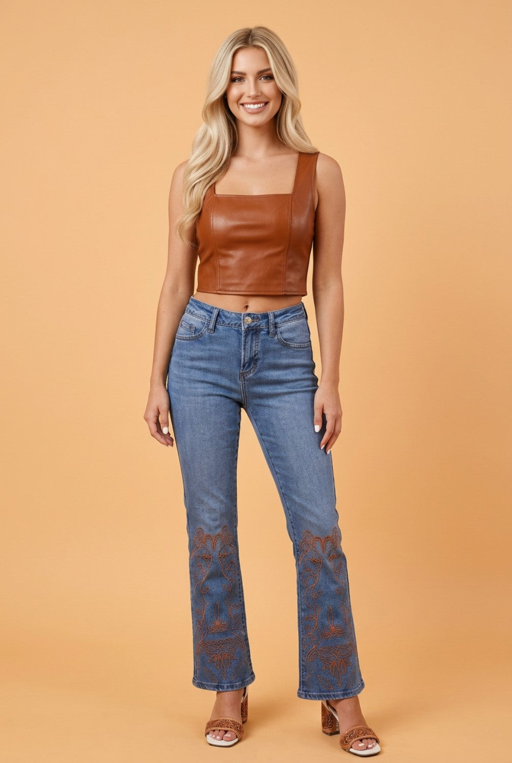 Denim Embroidered Flare Leg Jeans w/ Pockets