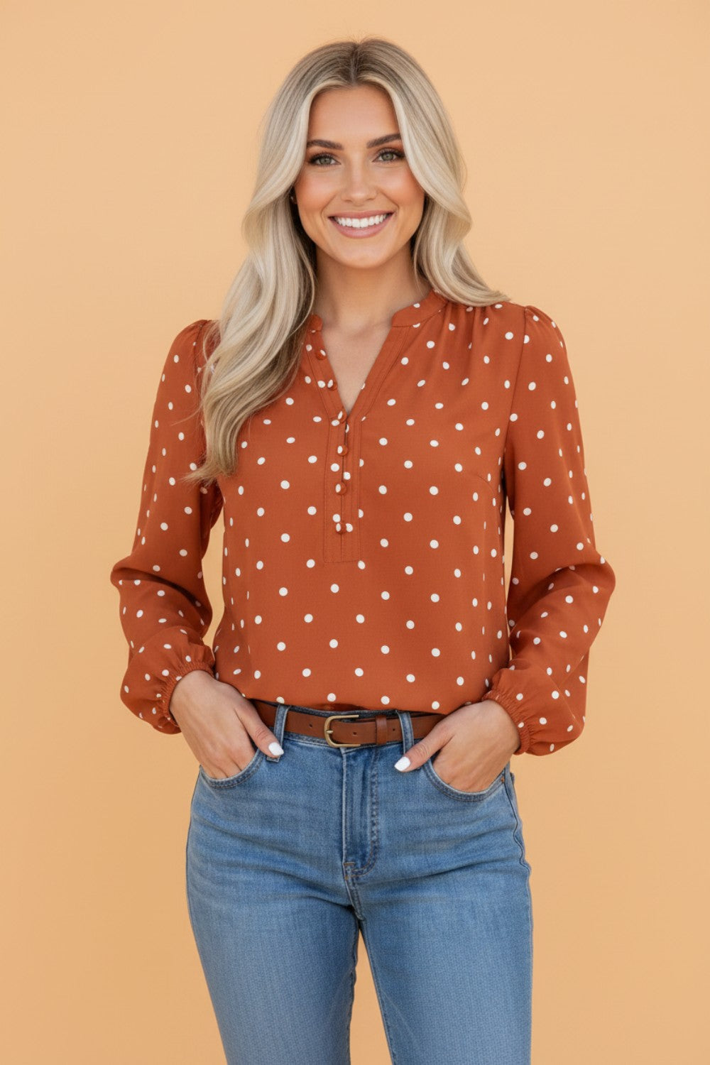 Polka Dot Half Button V-Neck Long Sleeve Blouse