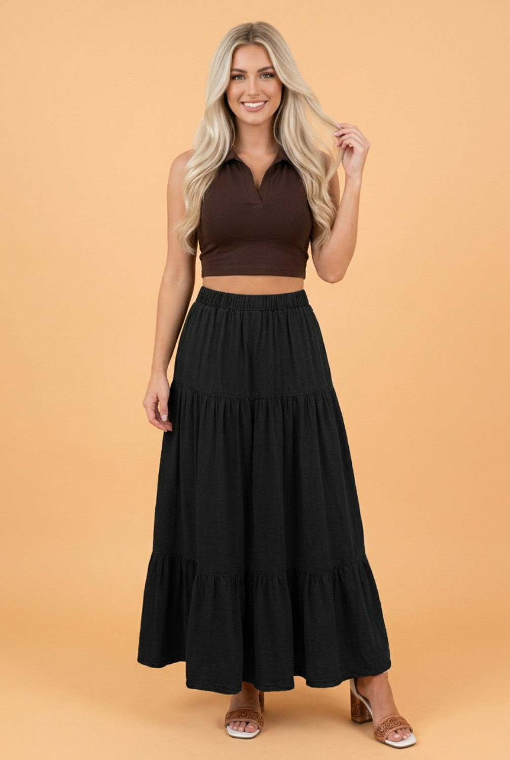 Denim Ruffle Tiered Flared Maxi Skirt