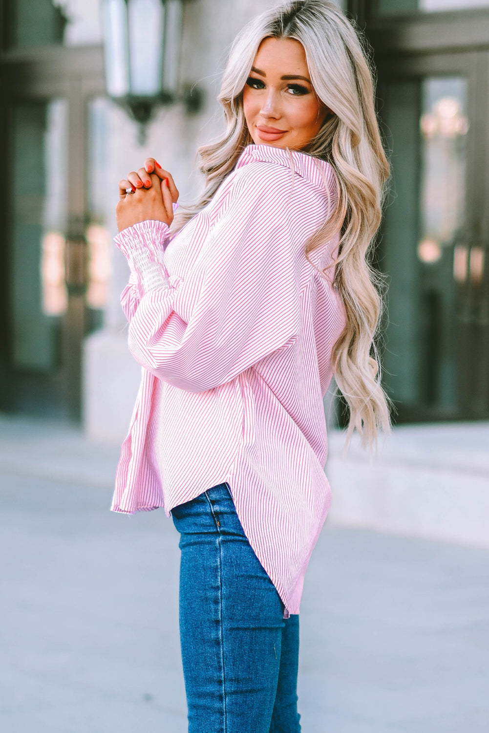 Stripe Smocked Long Sleeve Button-Up Shirt