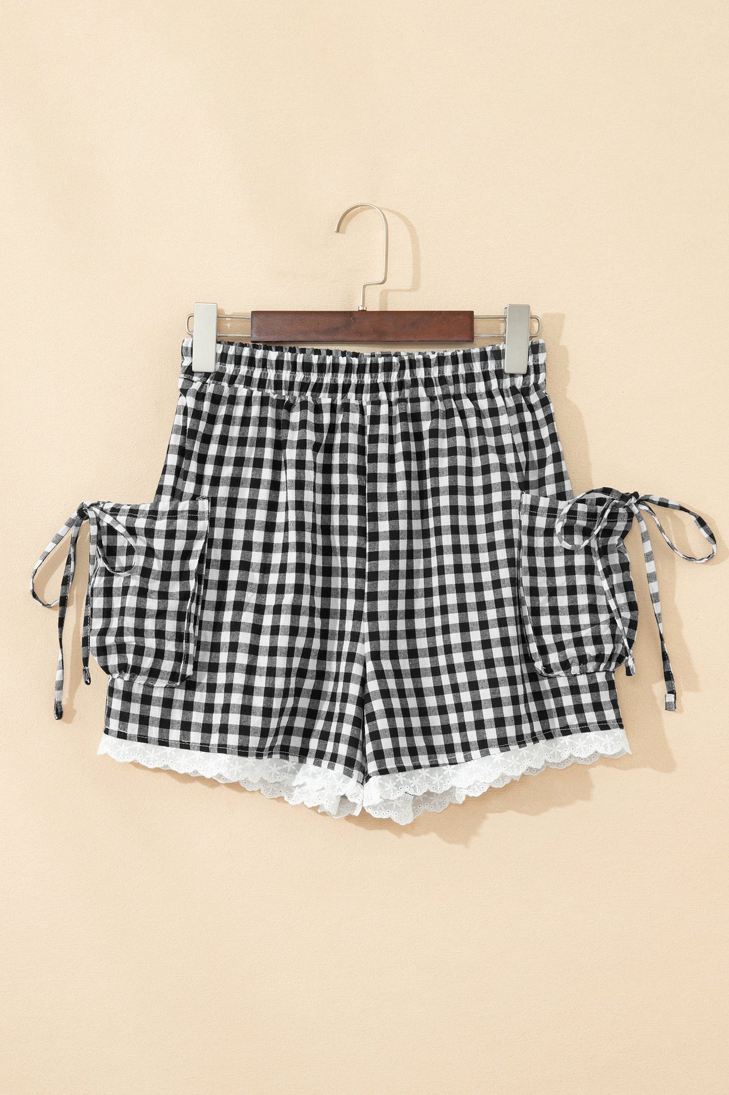 Gingham Lace Trim Pouch Pocket Shorts